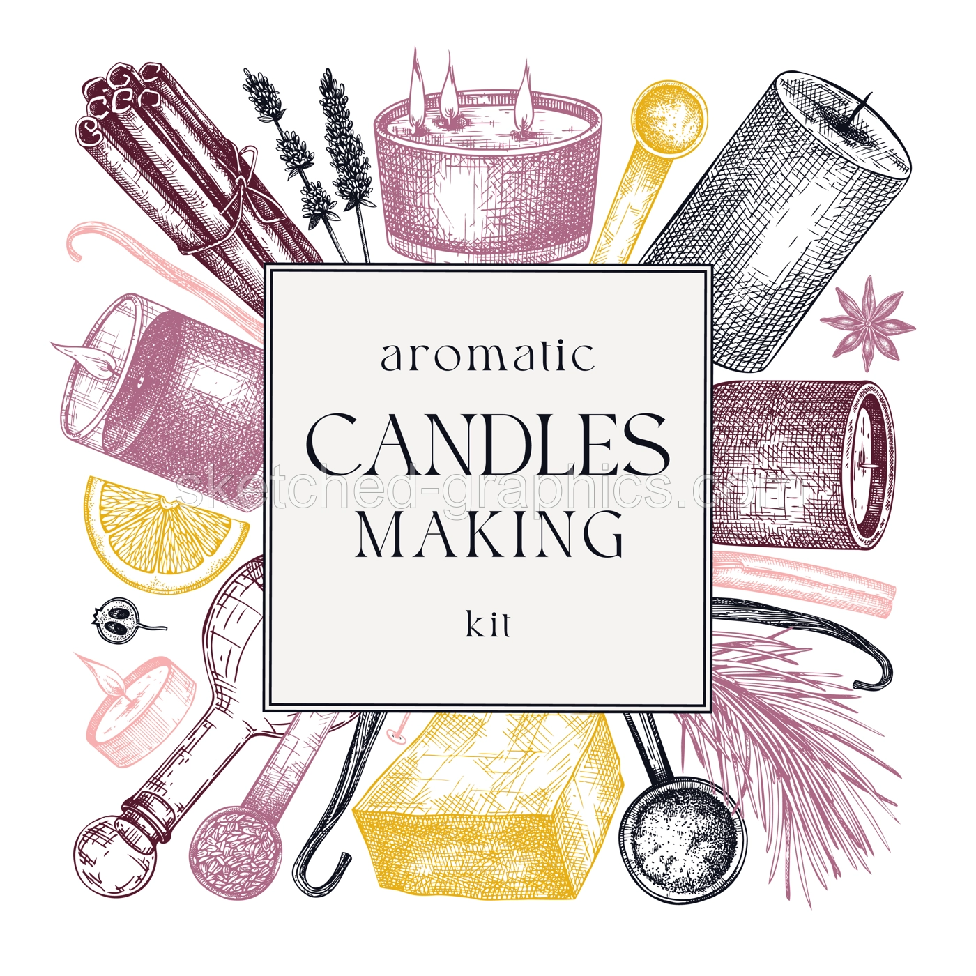 Hand sketched candle-making card design. Vintage candles, herbs, wax, fruits, spices, skewers hand drawings square wreath. Perfect template for aromatherapy, hobby, handcrafts, candle making, package Illustration
